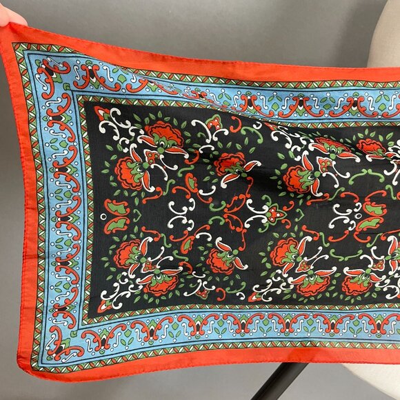 Vintage Scarf Floral Long Retro Eclectic Artsy Colorful Black Orange Blue Green - Picture 3 of 13